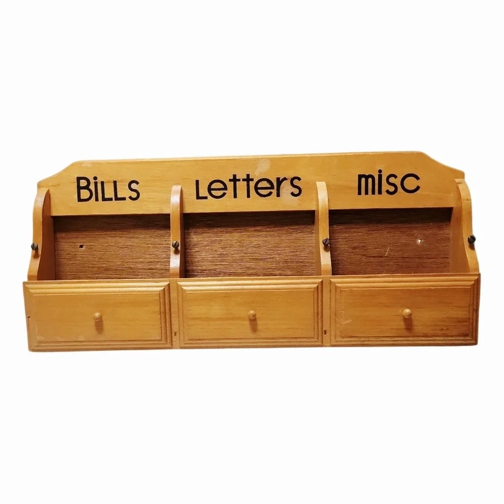 Vintage Wood Wall Mail Organizer Bills Letters Misc 3 Slot Hanging Holder